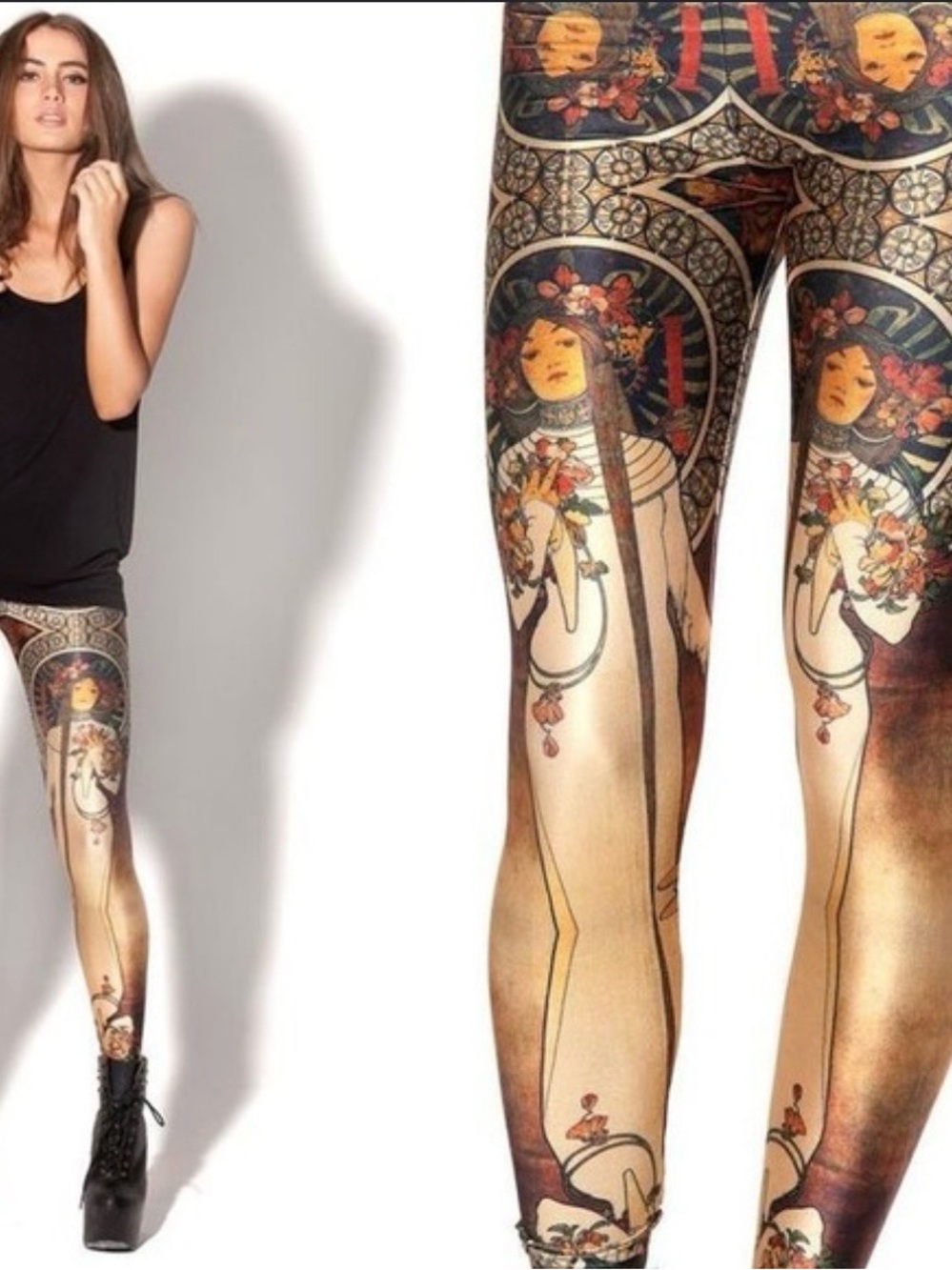 Blackmilk Vintage Art Nouveau Panel Leggings Medium - Cream, Brown, Gold